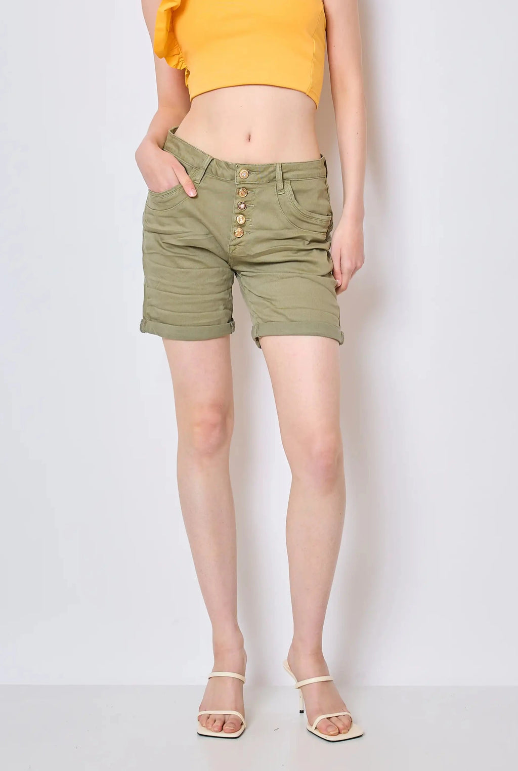 PLACE DU JOUR Lola shorts with fancy gold buttons Khaki FREE delivery Boutique Access Nykita