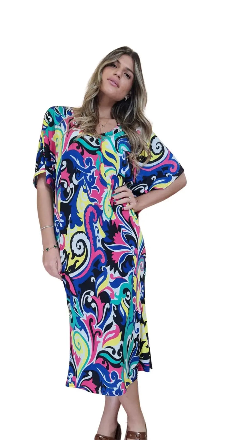 Robe midi à manches courtes Imprimé Multicolore