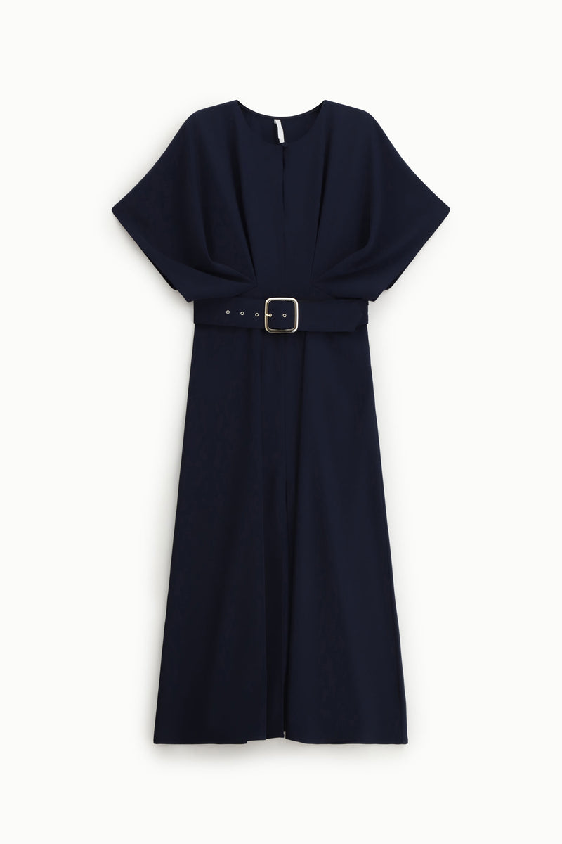 Robe longue Imperial bleu marine ceinturée à manches courtes
