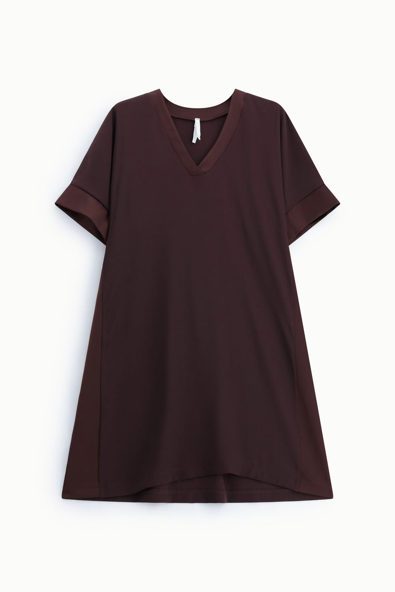 Robe courte Imperial Marron à col V et manches courtes