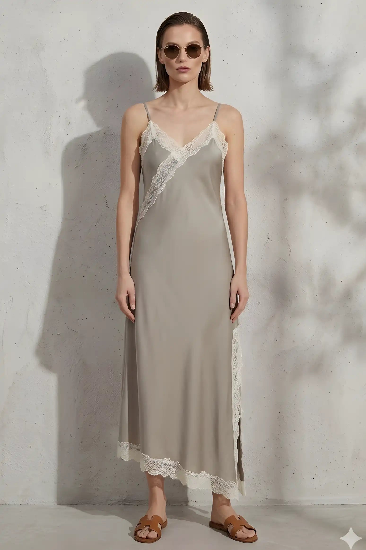 Robe midi Imperial à bretelles détails dentelle Beige