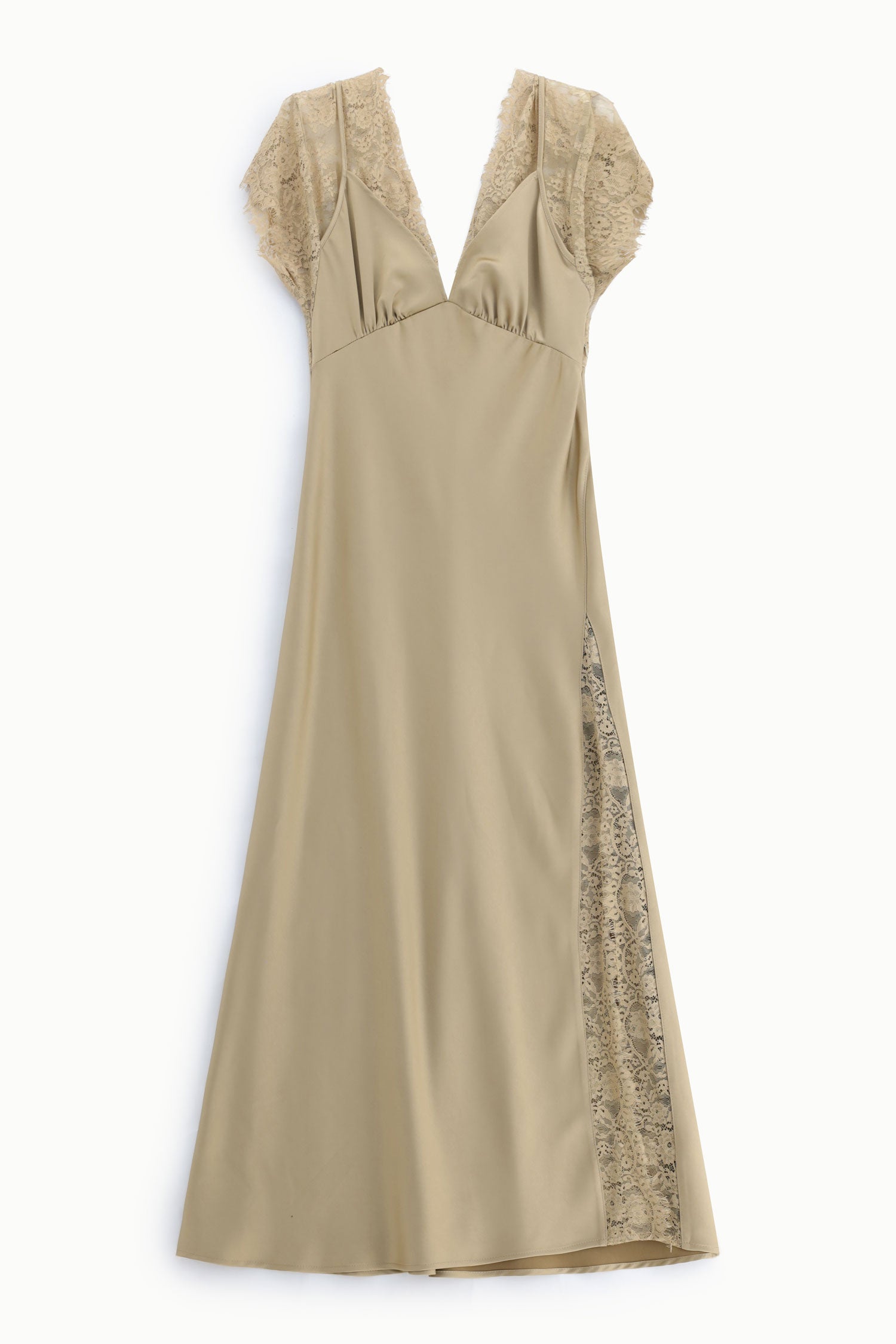 Robe longue Imperial beige satinée à dentelle