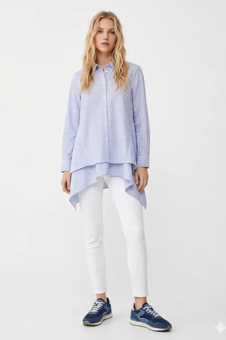 Chemisier Imperial rayé bleu clair asymétrique à manches longues