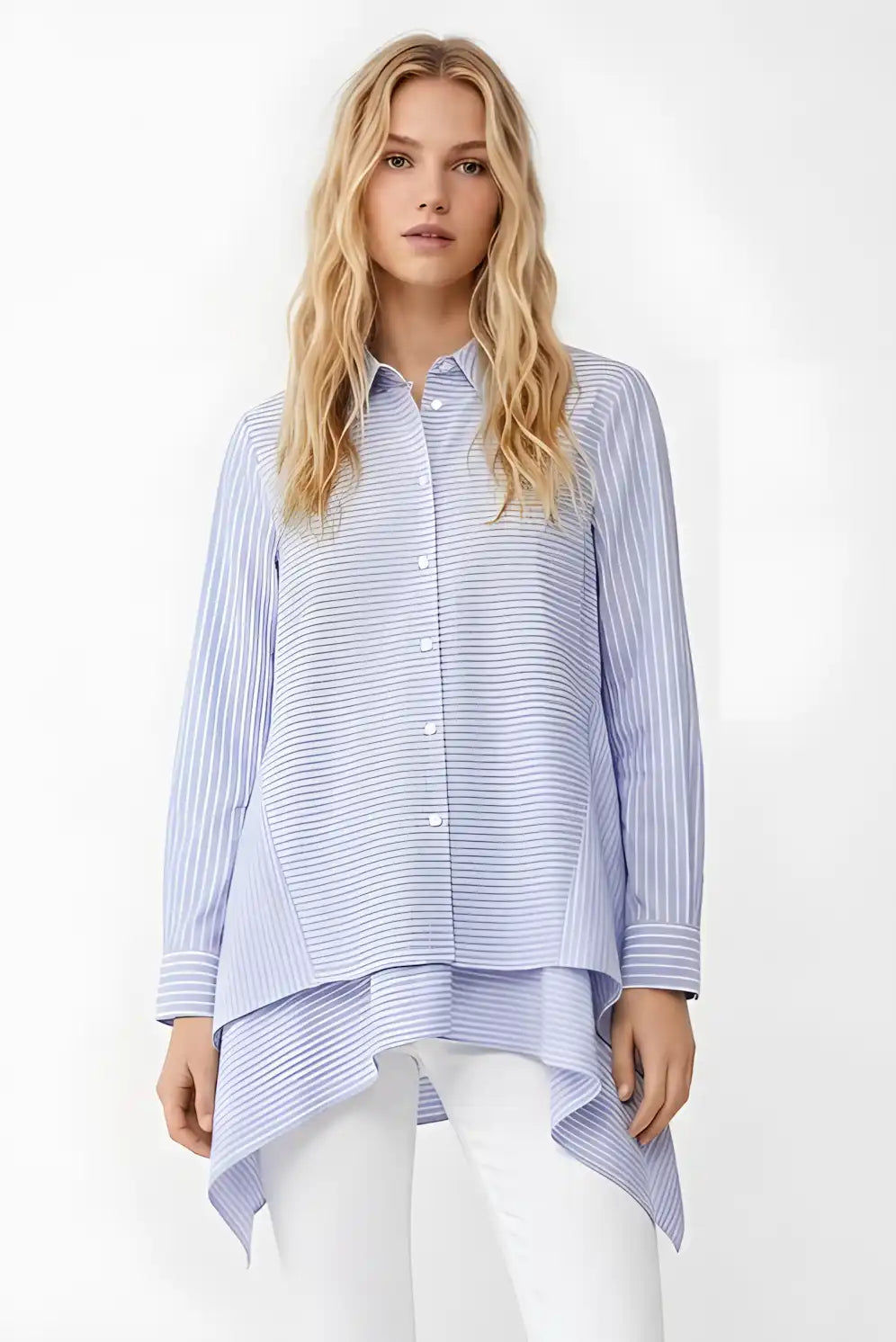Chemisier Imperial rayé bleu clair asymétrique à manches longues