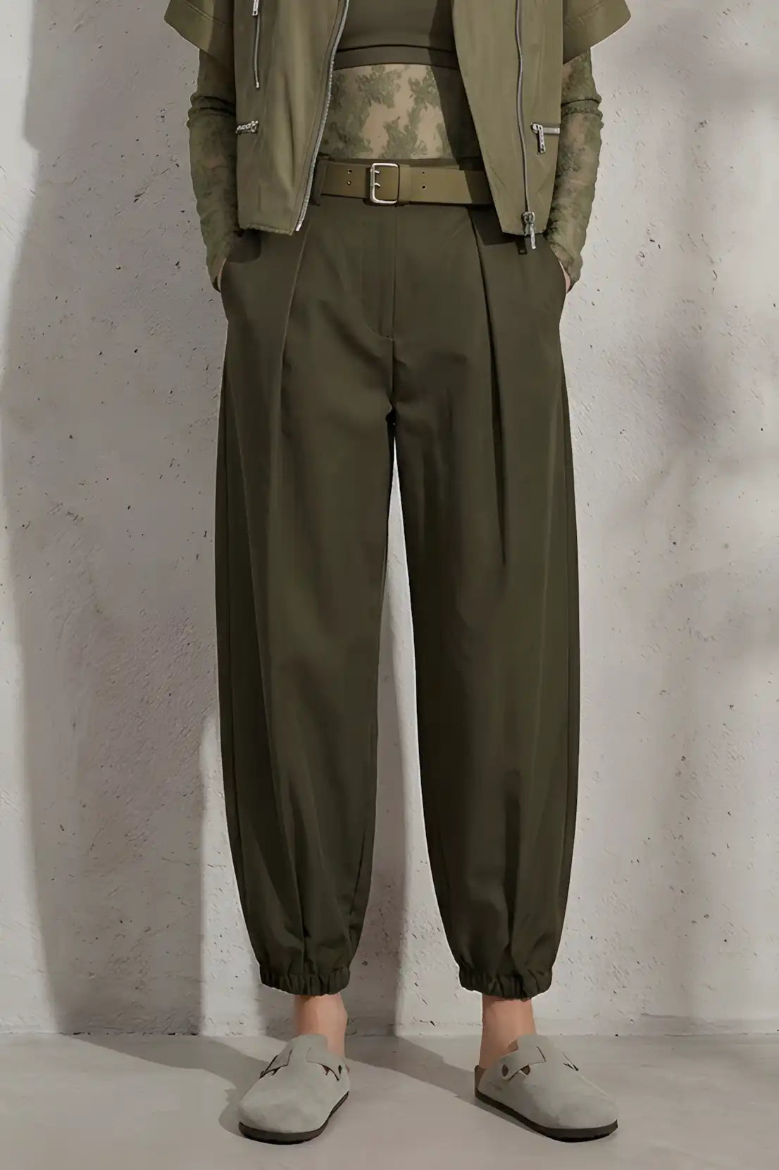 Pantalon cargo Imperial Kaki taille haute ceinturé
