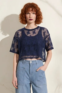 Top court Imperial en tulle brodé Navy
