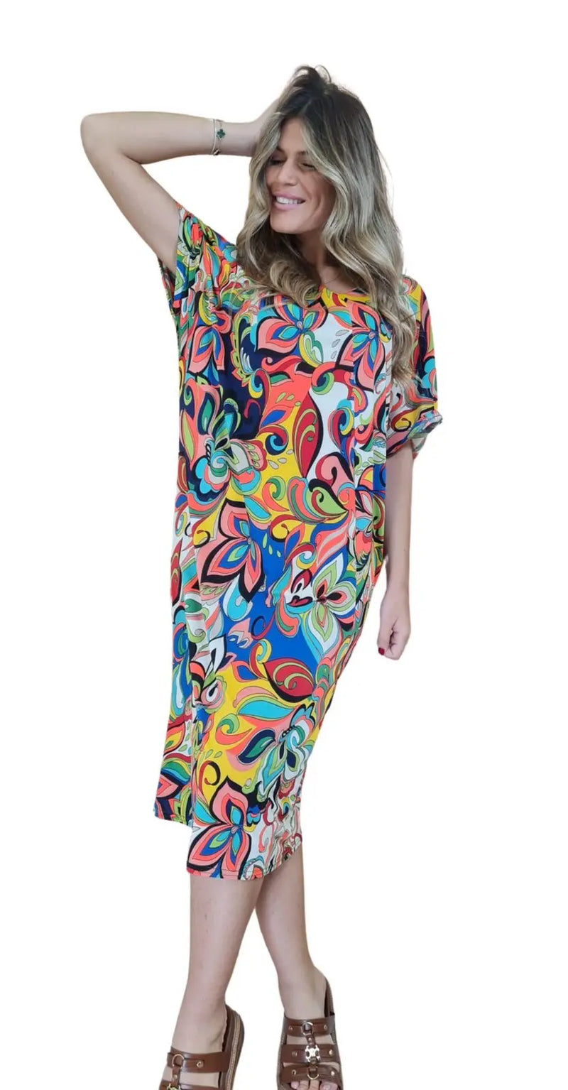 Robe midi à manches courtes Imprimé Multicolore