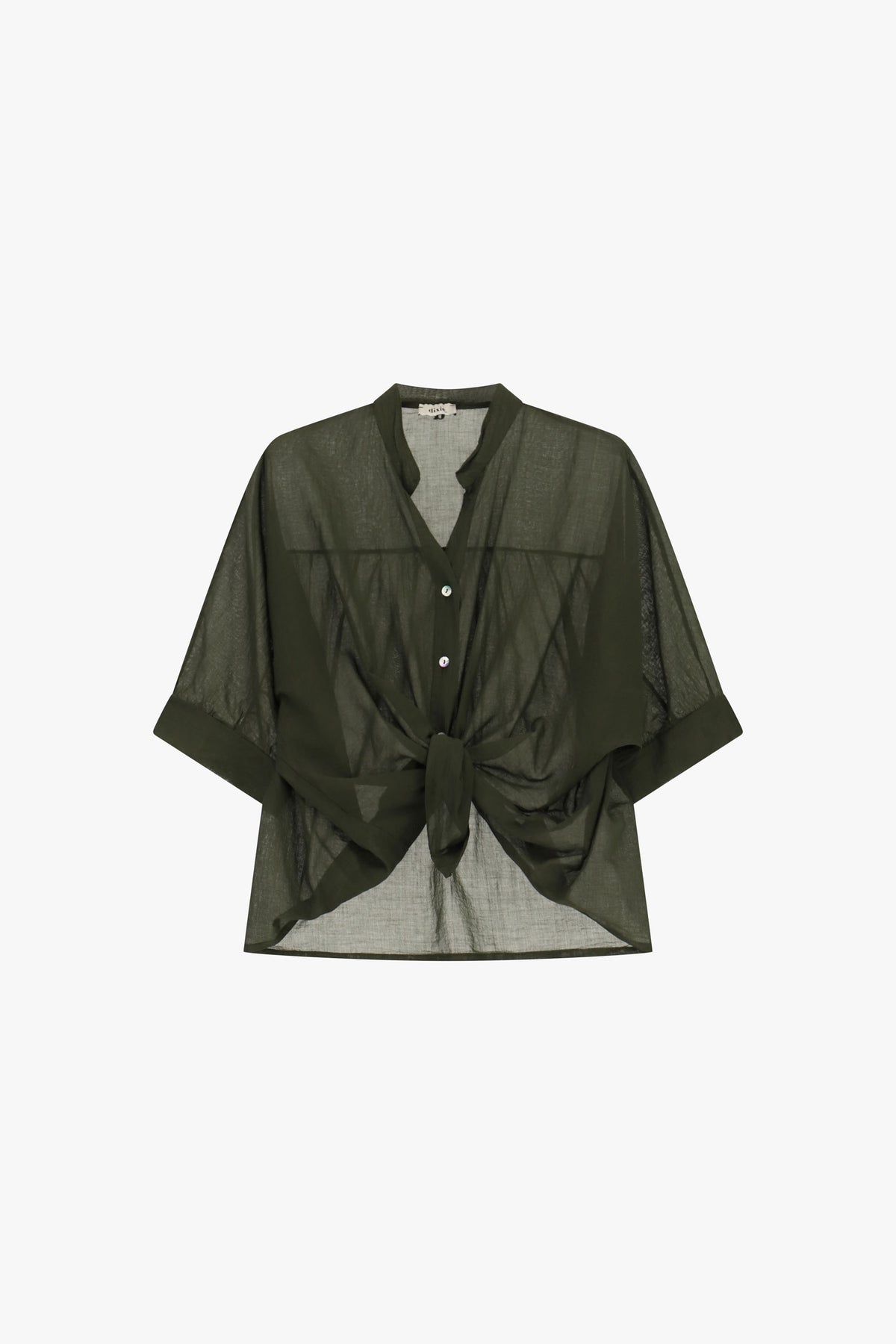 Chemise femme Imperial C239B043 kaki, coupe ample, tissu leger semi-transparent, manches larges et devant noue à la taille