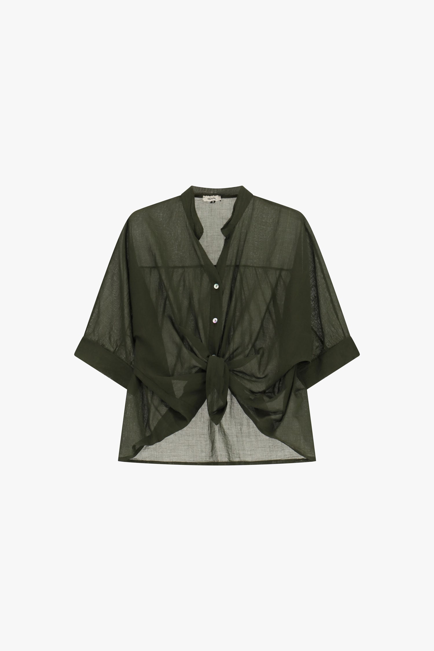 Chemise femme Imperial C239B043 kaki, coupe ample, tissu leger semi-transparent, manches larges et devant noue à la taille