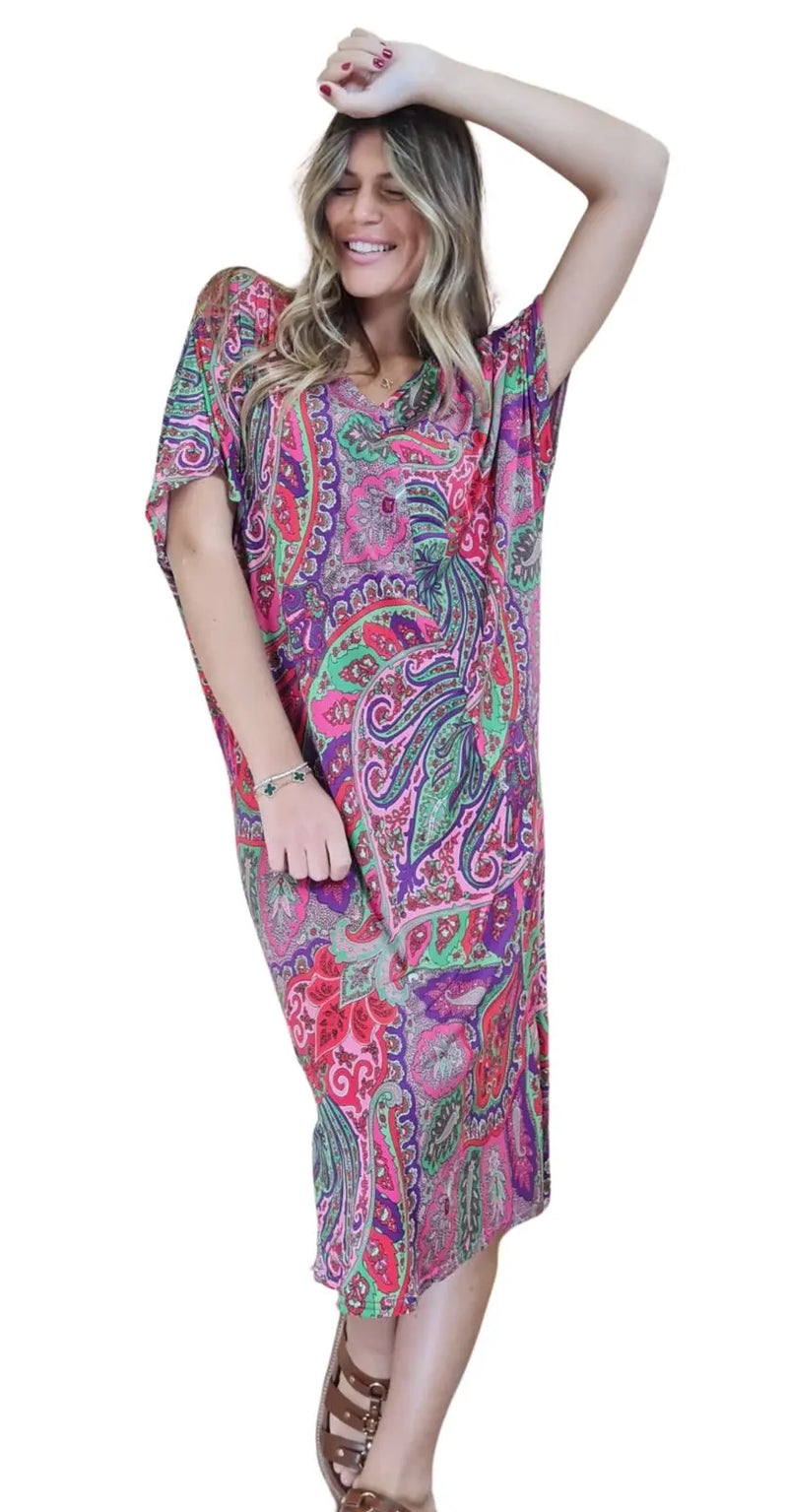 Robe midi à manches courtes Imprimé Multicolore