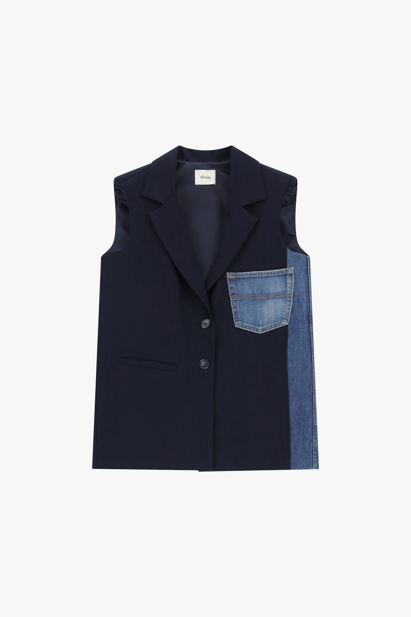 Gilet Dixie tailleur sans manches bicolore Blu Denim