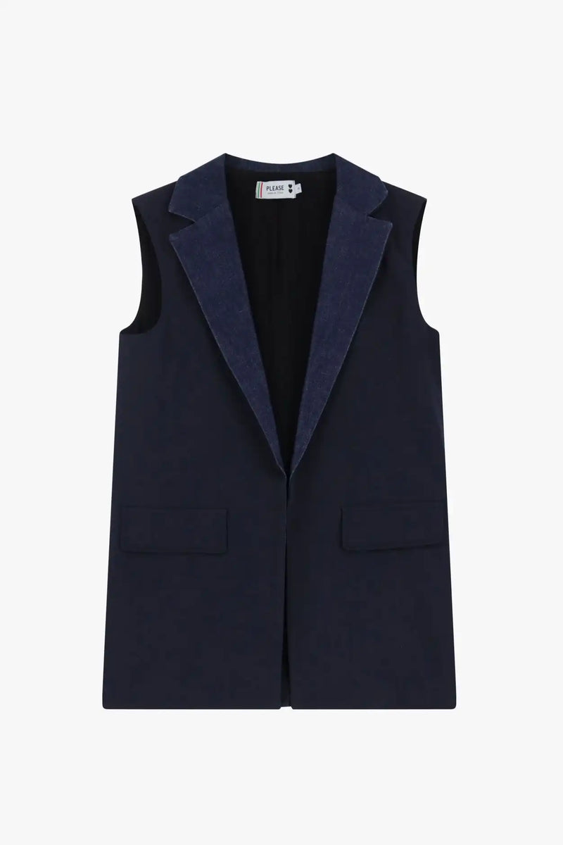 Gilet long Please revers en denim Navy