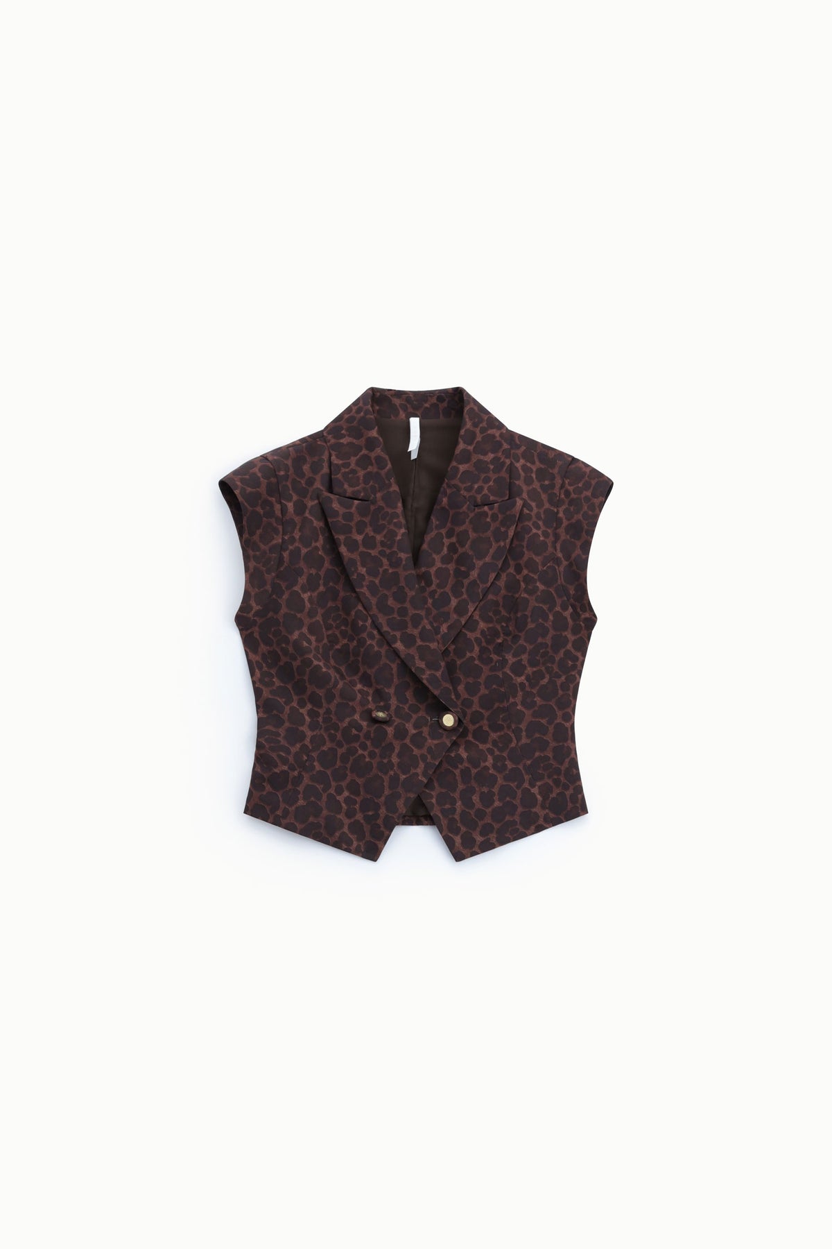 Gilet croisé femme Imperial JBN7MHW912 à imprimé léopard brun et noir, sans manches, col tailleur et fermeture deux boutons.