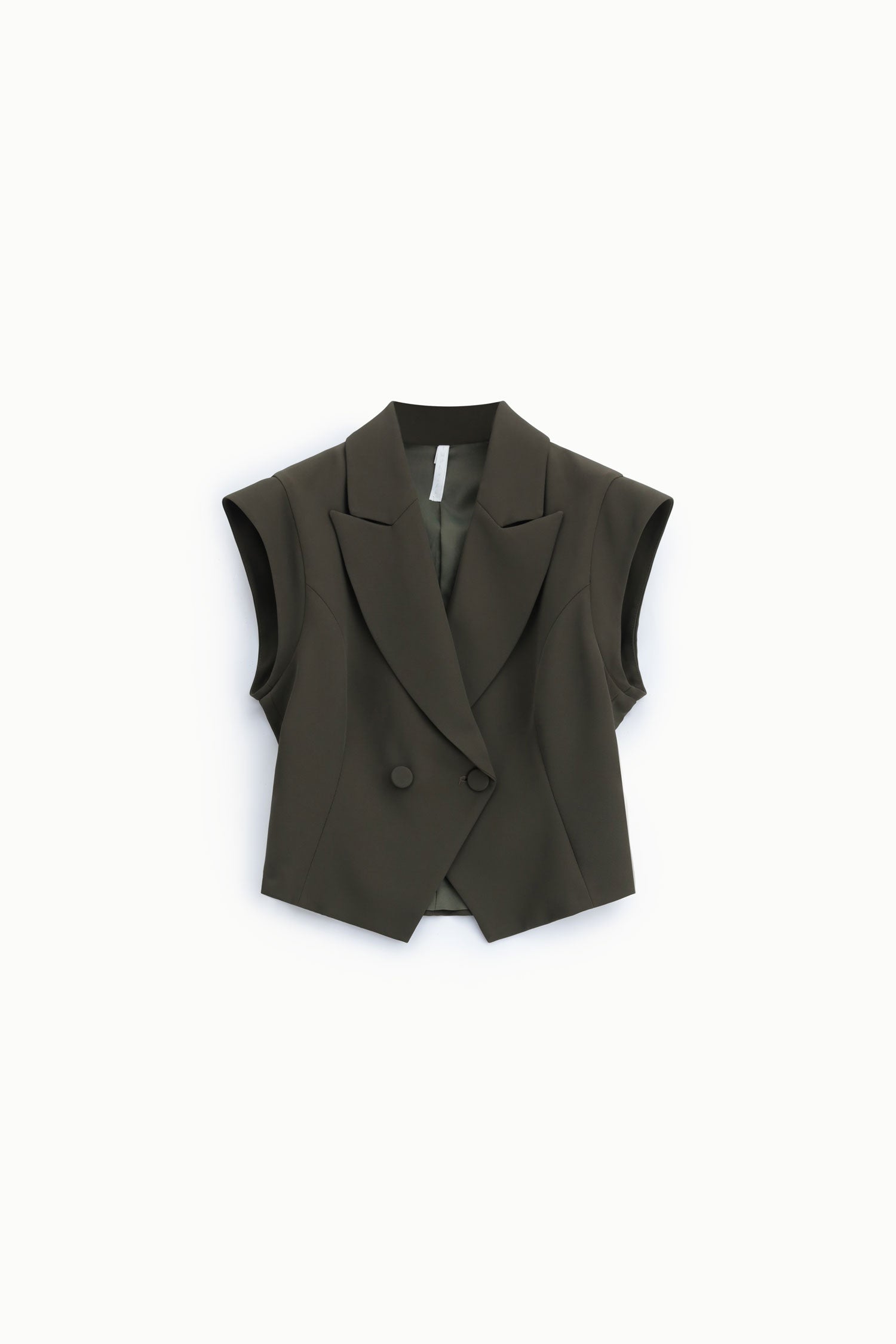 Gilet croisé femme Imperial JBN7MHX coloris kaki, sans manches, col tailleur, épaules structurées et fermeture deux boutons.
