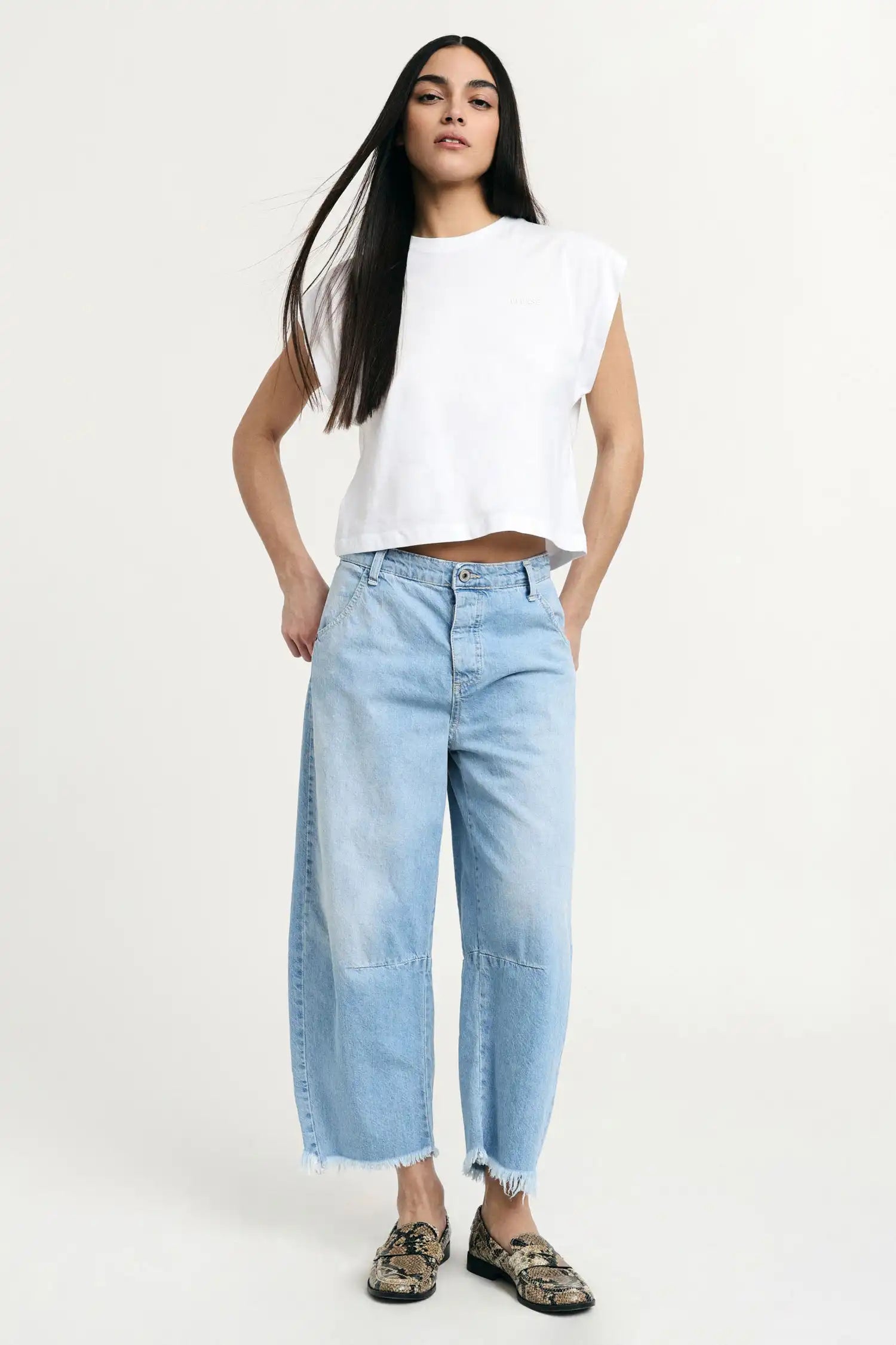 Jean baloon Please ourlet effiloché Blu Denim