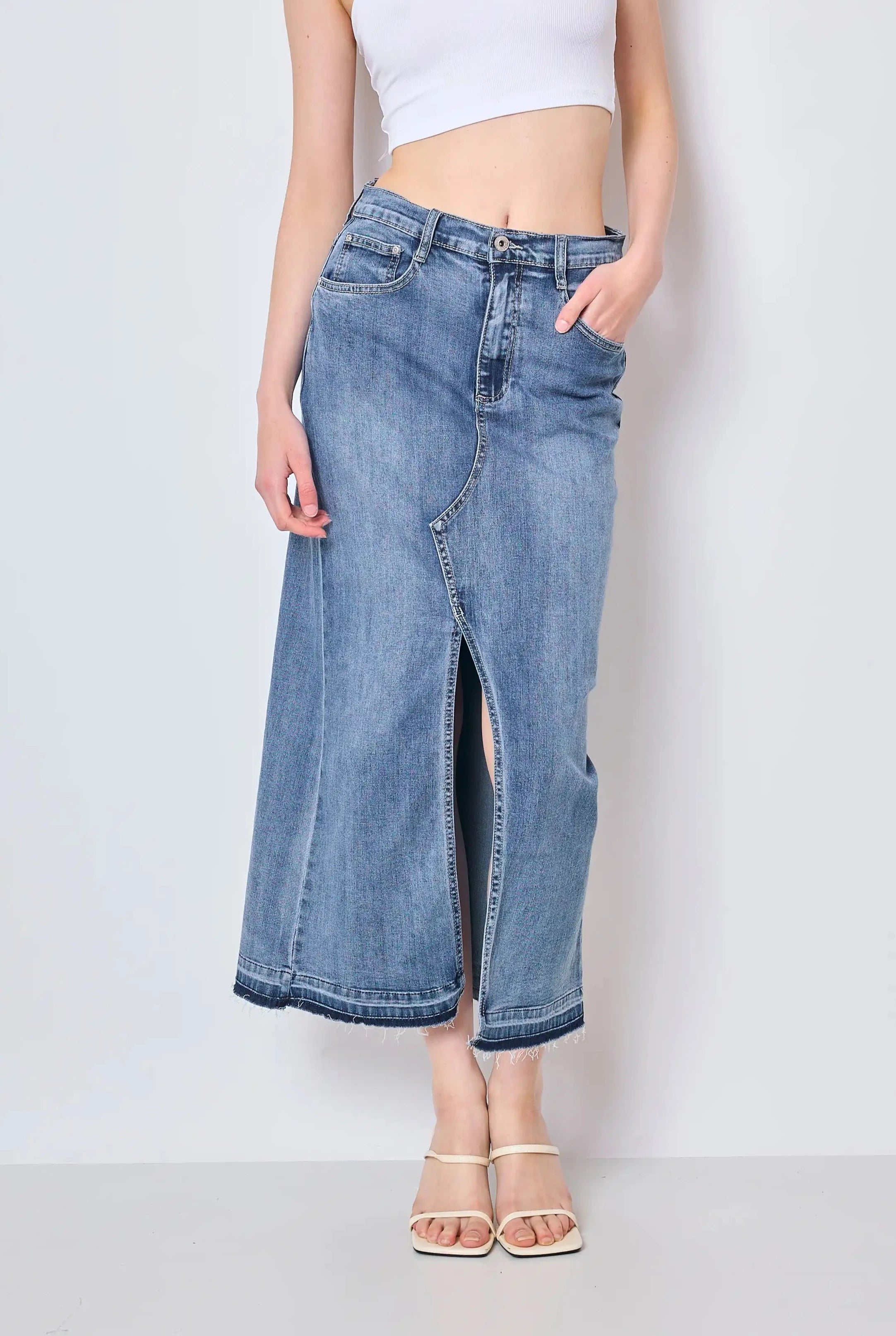 PLACE DU JOUR long slit denim skirt FREE Delivery Boutique Access Nykita