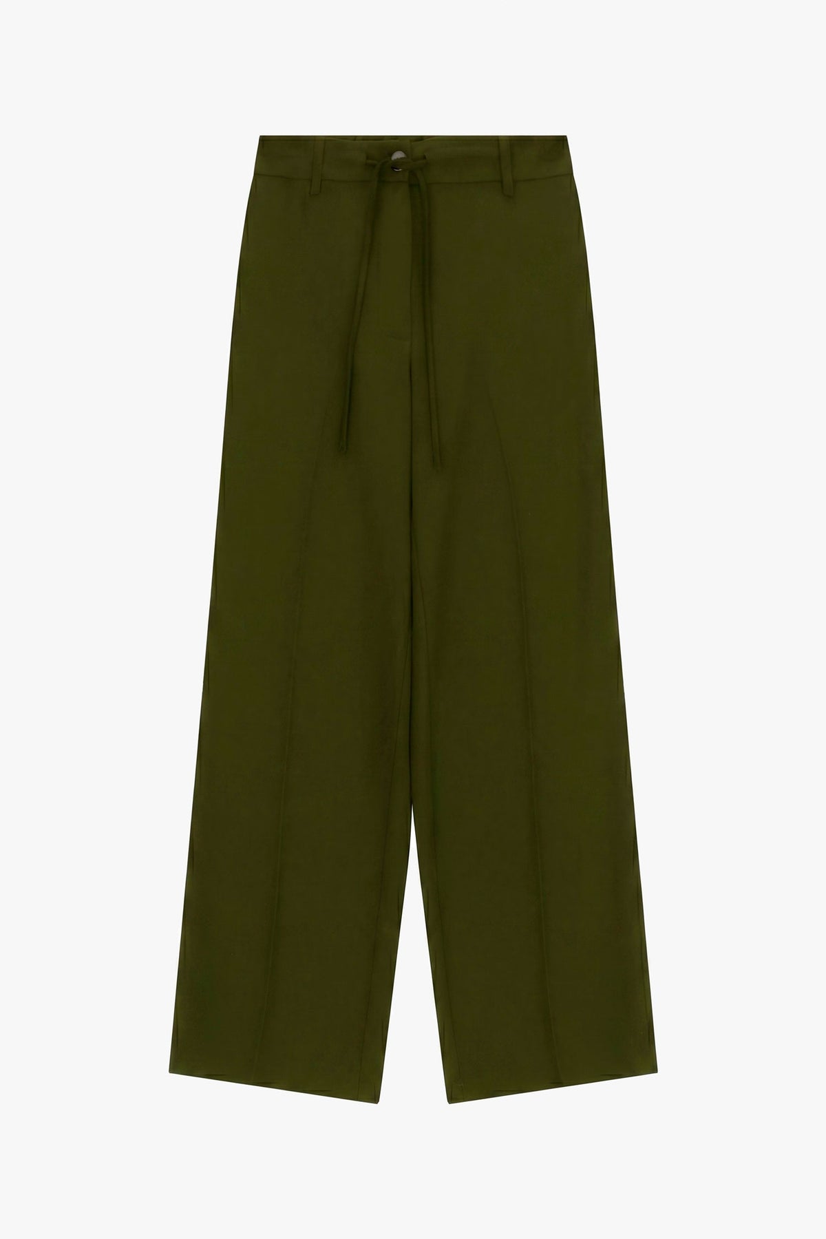 Pantalon femme Imperial P7H7MHX coloris Militare, taille haute avec lien à nouer, coupe large et jambe fluide kaki.