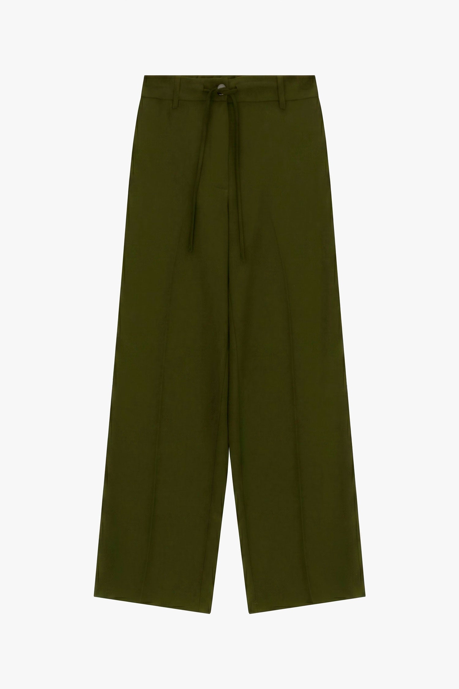 Pantalon femme Imperial P7H7MHX coloris Militare, taille haute avec lien à nouer, coupe large et jambe fluide kaki.