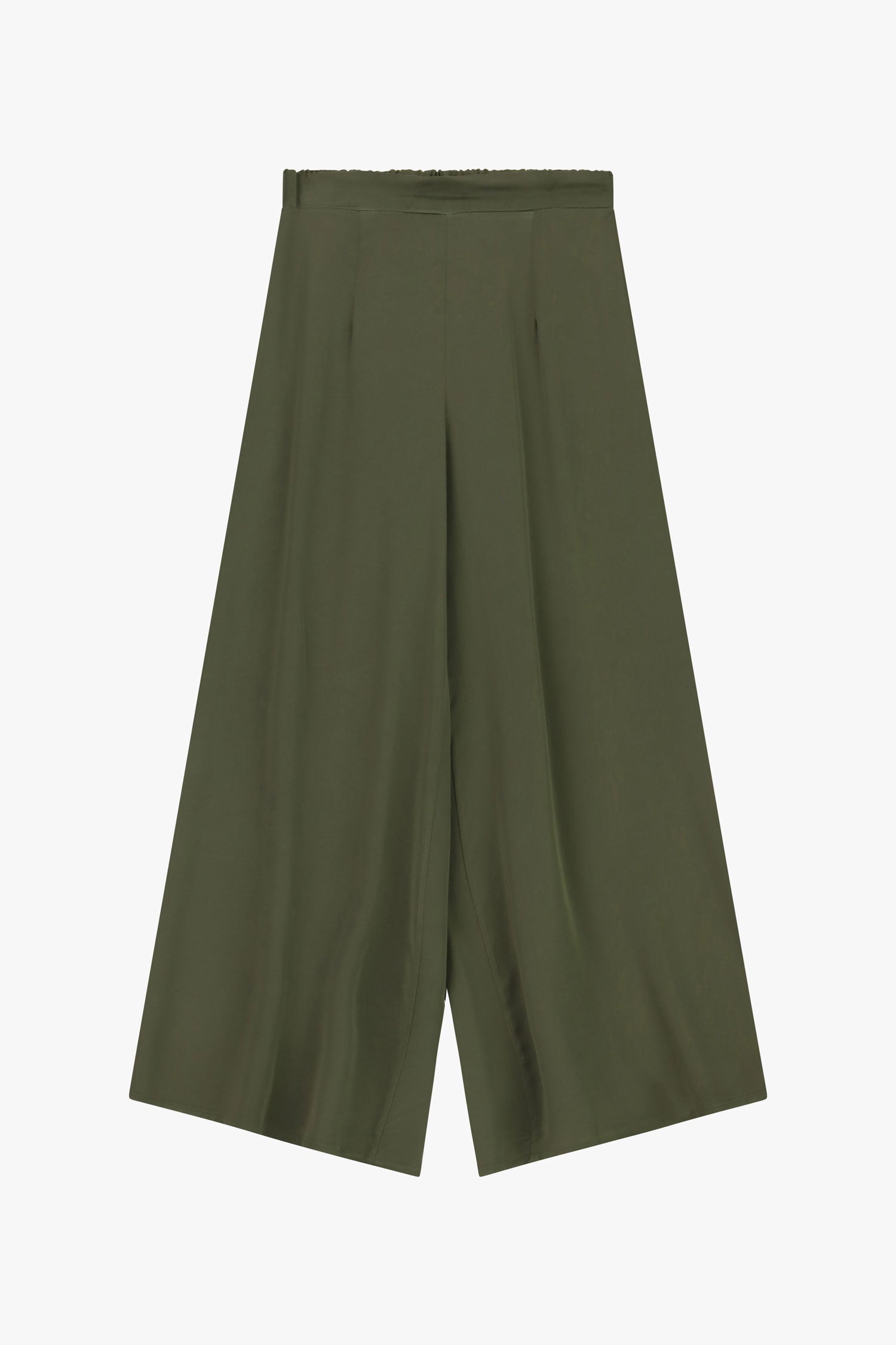 Pantalon femme Dixie P782B106 coloris Muschio, coupe large, taille haute et jambe fluide vert mousse.