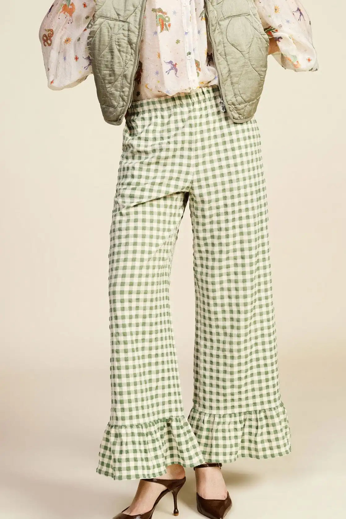 Pantalon palazzo vichy à volants Dixie Verde