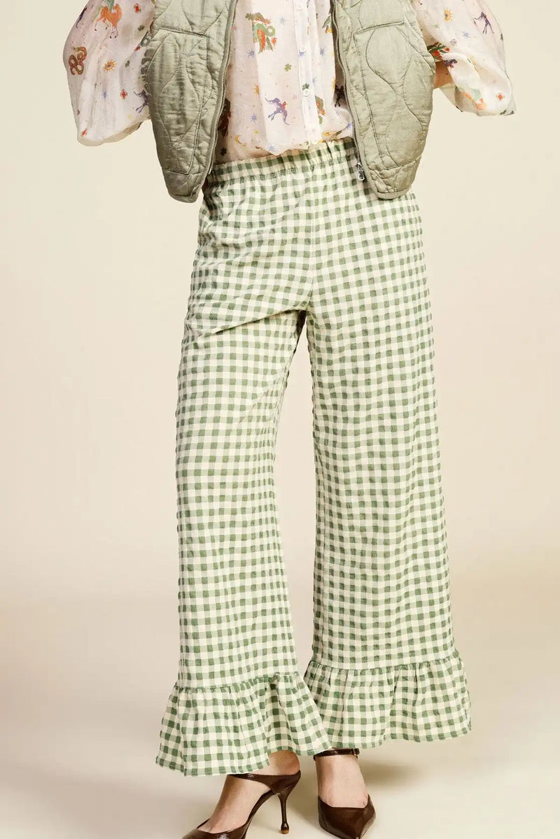 Pantalon palazzo vichy à volants Dixie Verde
