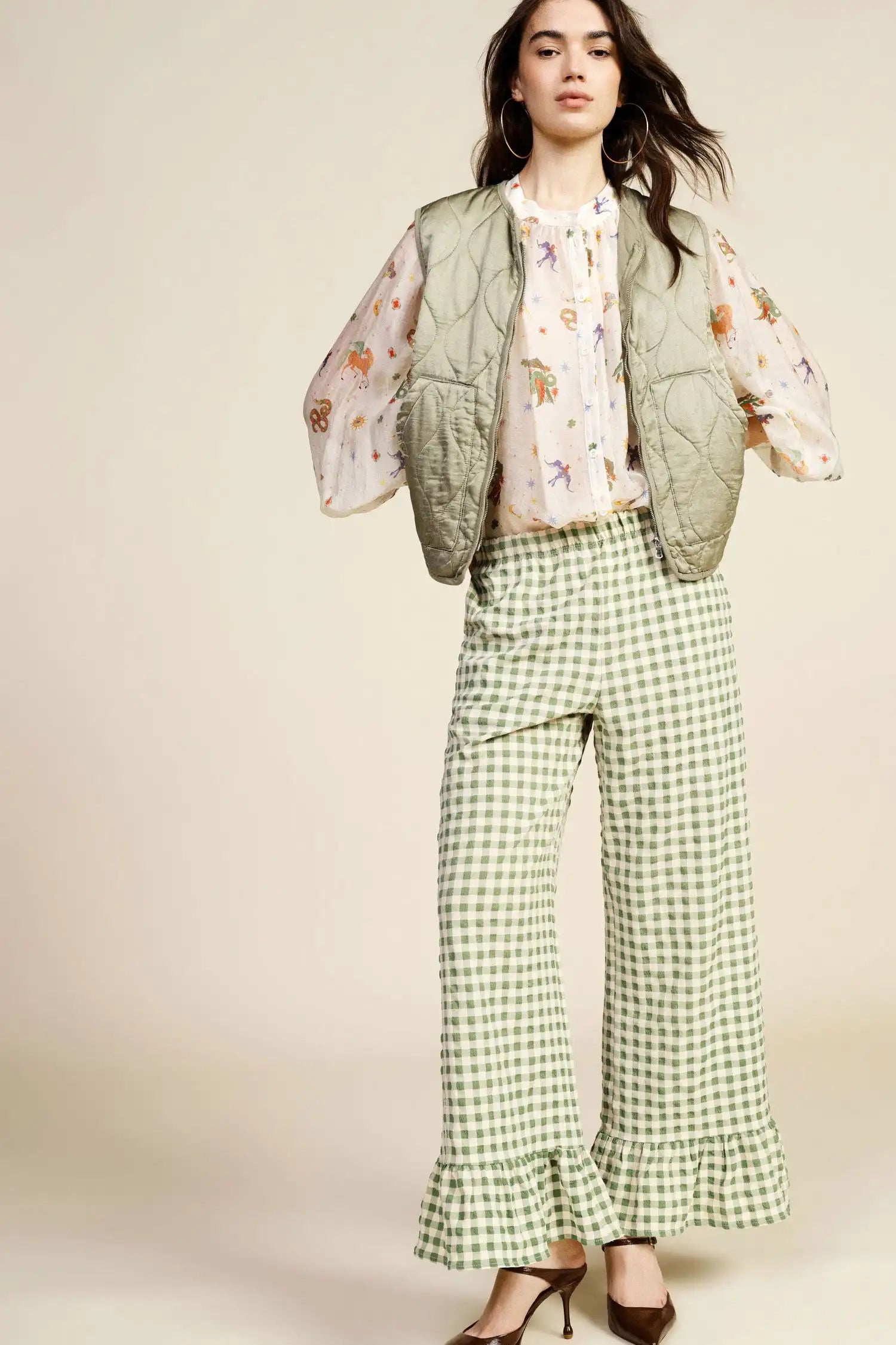Pantalon palazzo vichy à volants Dixie Verde