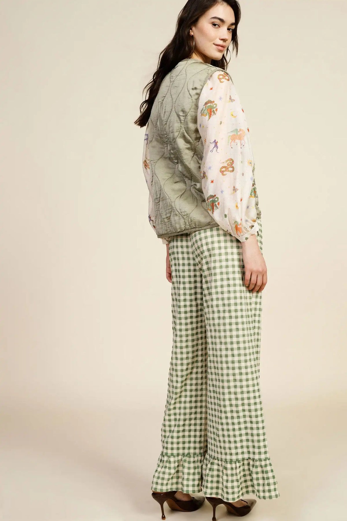 Pantalon palazzo vichy à volants Dixie Verde