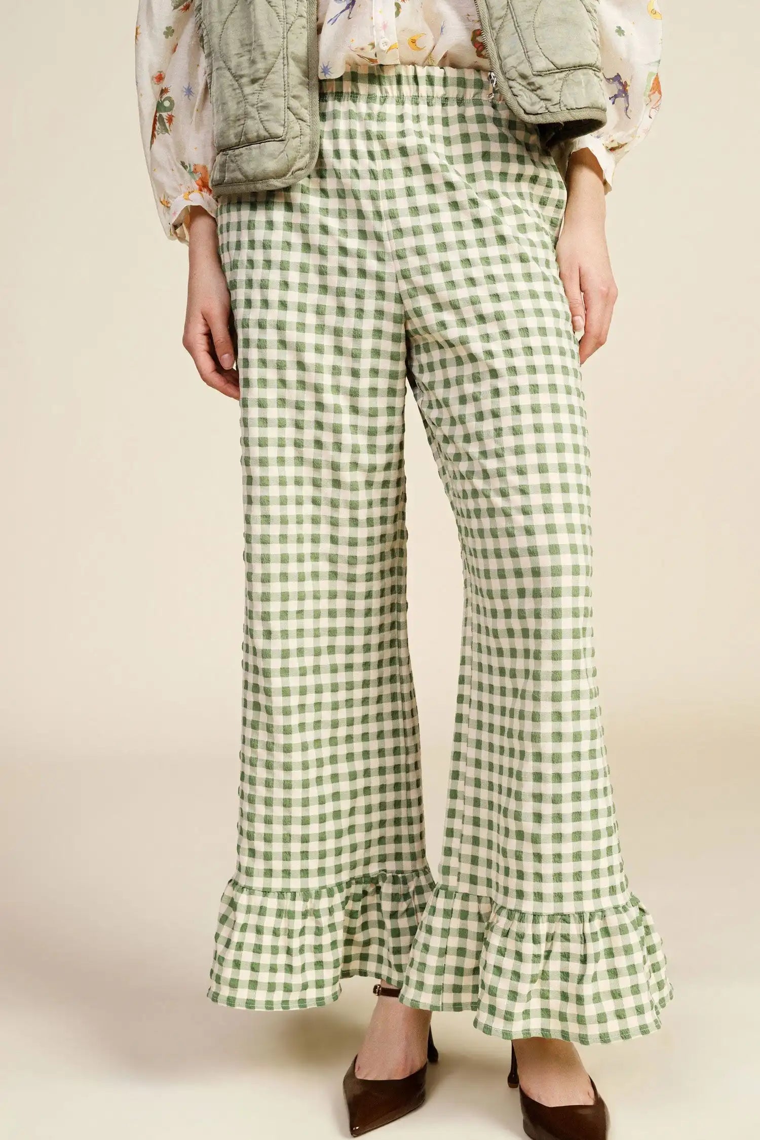 Pantalon palazzo vichy à volants Dixie Verde