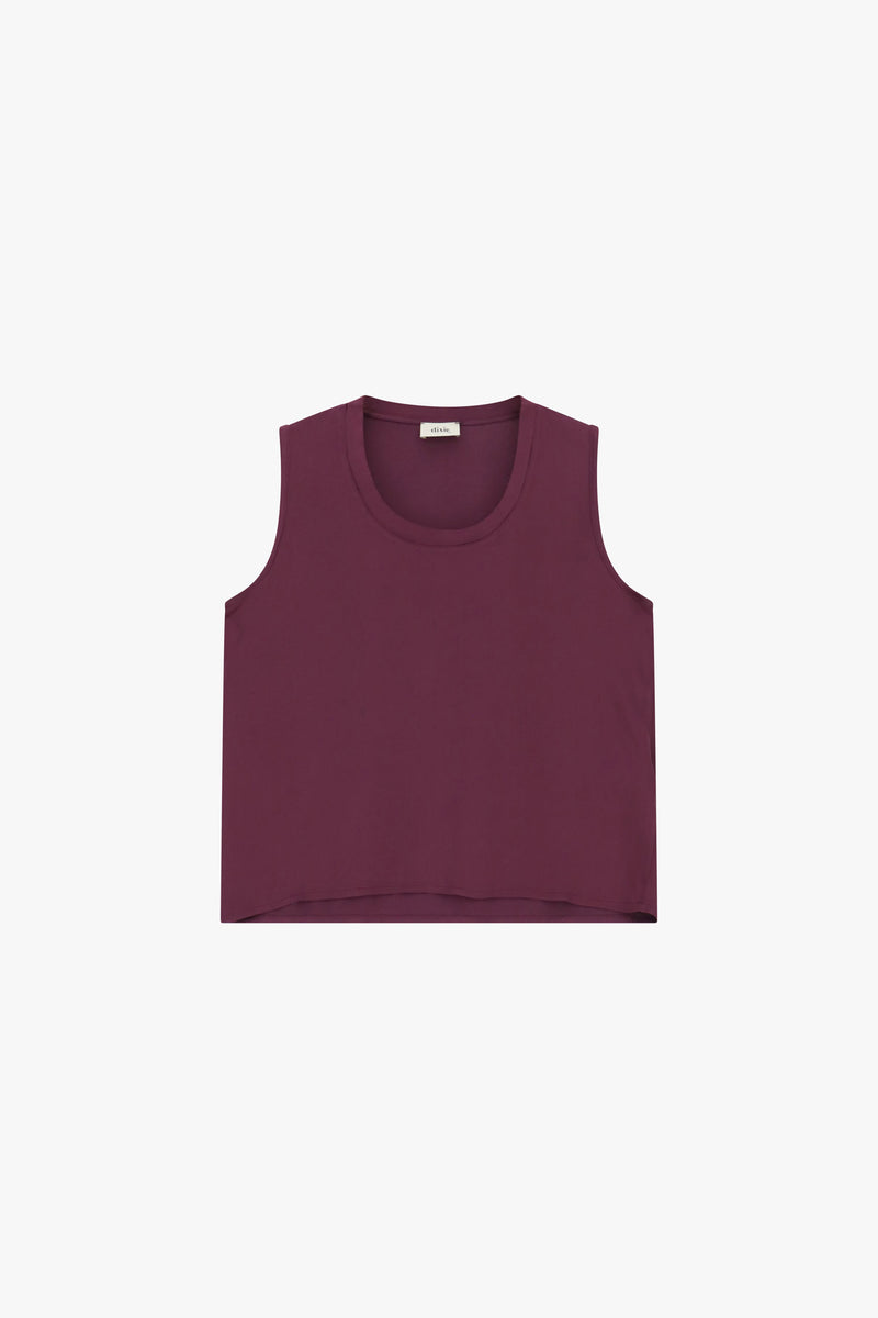 Top femme Dixie R782B012 coloris Melanzana, sans manches, encolure ronde, coupe droite et teinte aubergine.