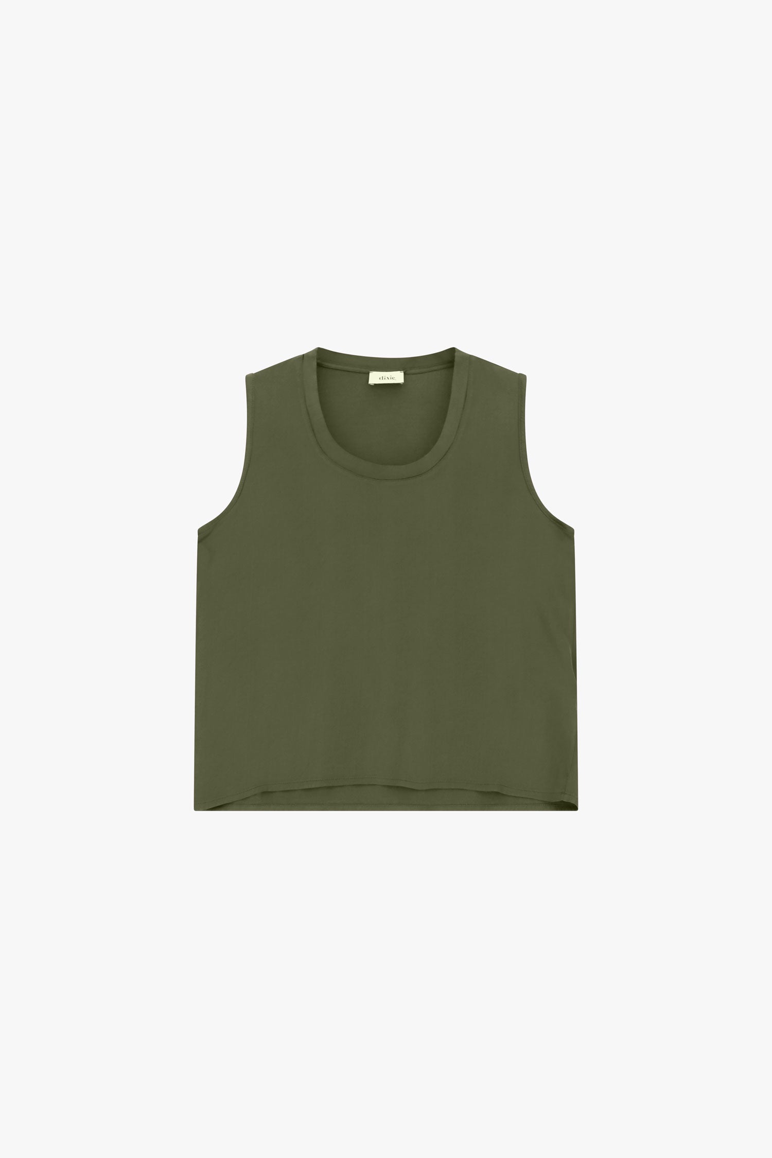 Top femme Dixie R782B012 coloris Muschio, sans manches, encolure ronde, coupe droite et teinte vert mousse.