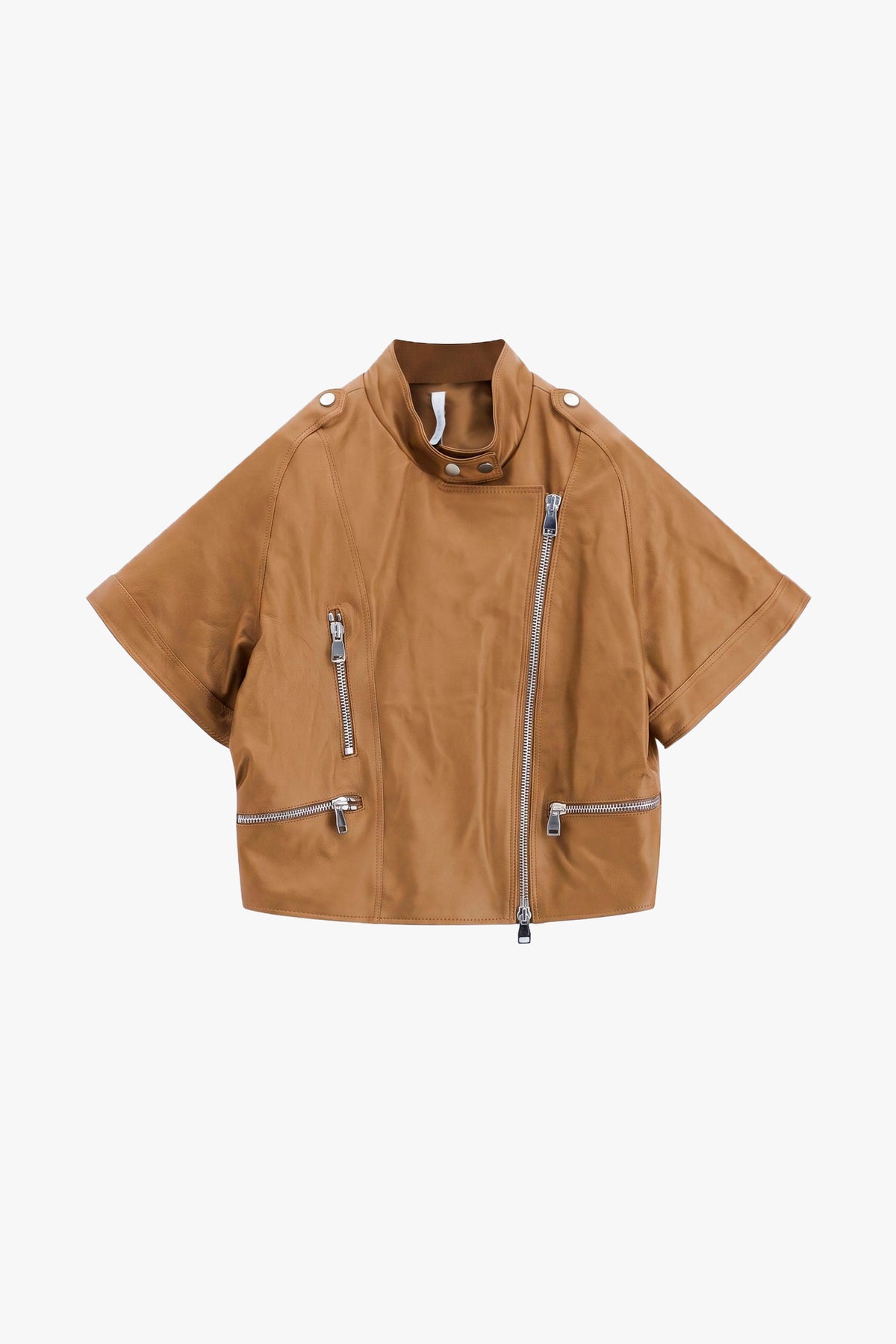 Veste biker femme Imperial V3025876 coloris Cammello, manches courtes, fermeture zippée asymétrique et poches zippées.