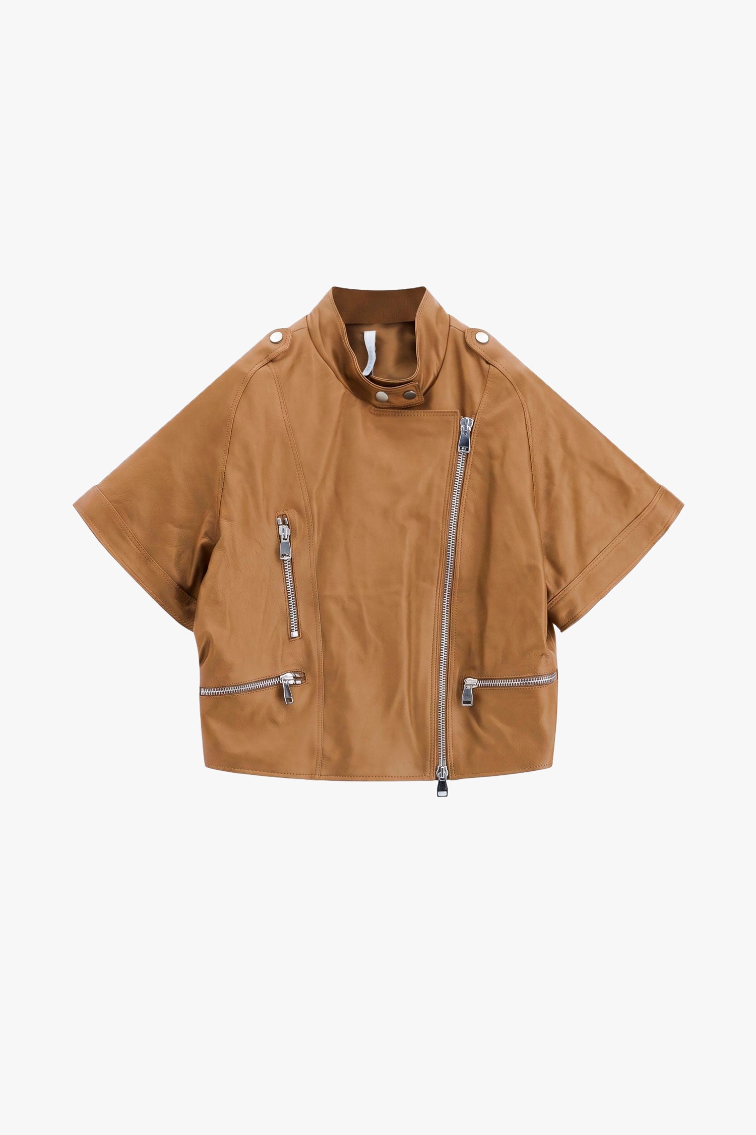 Veste biker femme Imperial V3025876 coloris Cammello, manches courtes, fermeture zippée asymétrique et poches zippées.